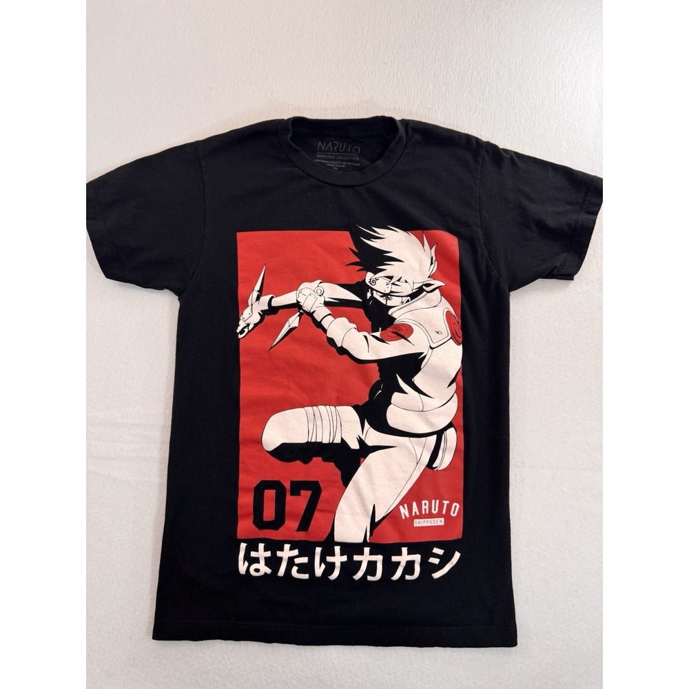 Naruto Shippuden T Shirt Mens S Black Kakashi Graphic Japanese Anime Red Tee EUC